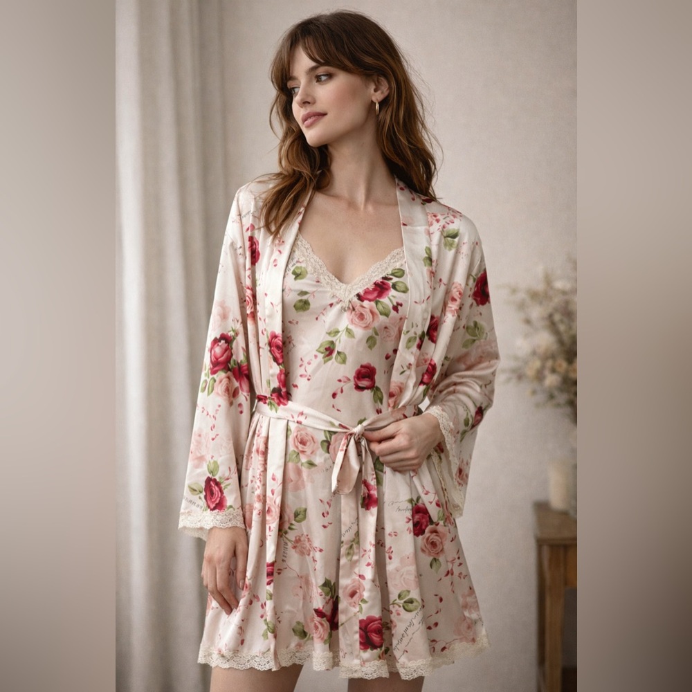 Delicates Floral Satin Slip Nightgown & Robe Set Lace Trim Romantic Sleepwear